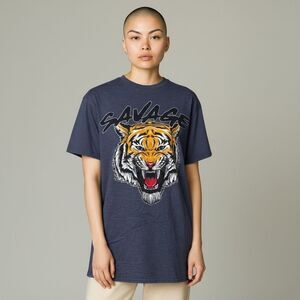 Savage Print Tiger Face Graphic Tee Shirt Navy Short Sleeve Cotton size M